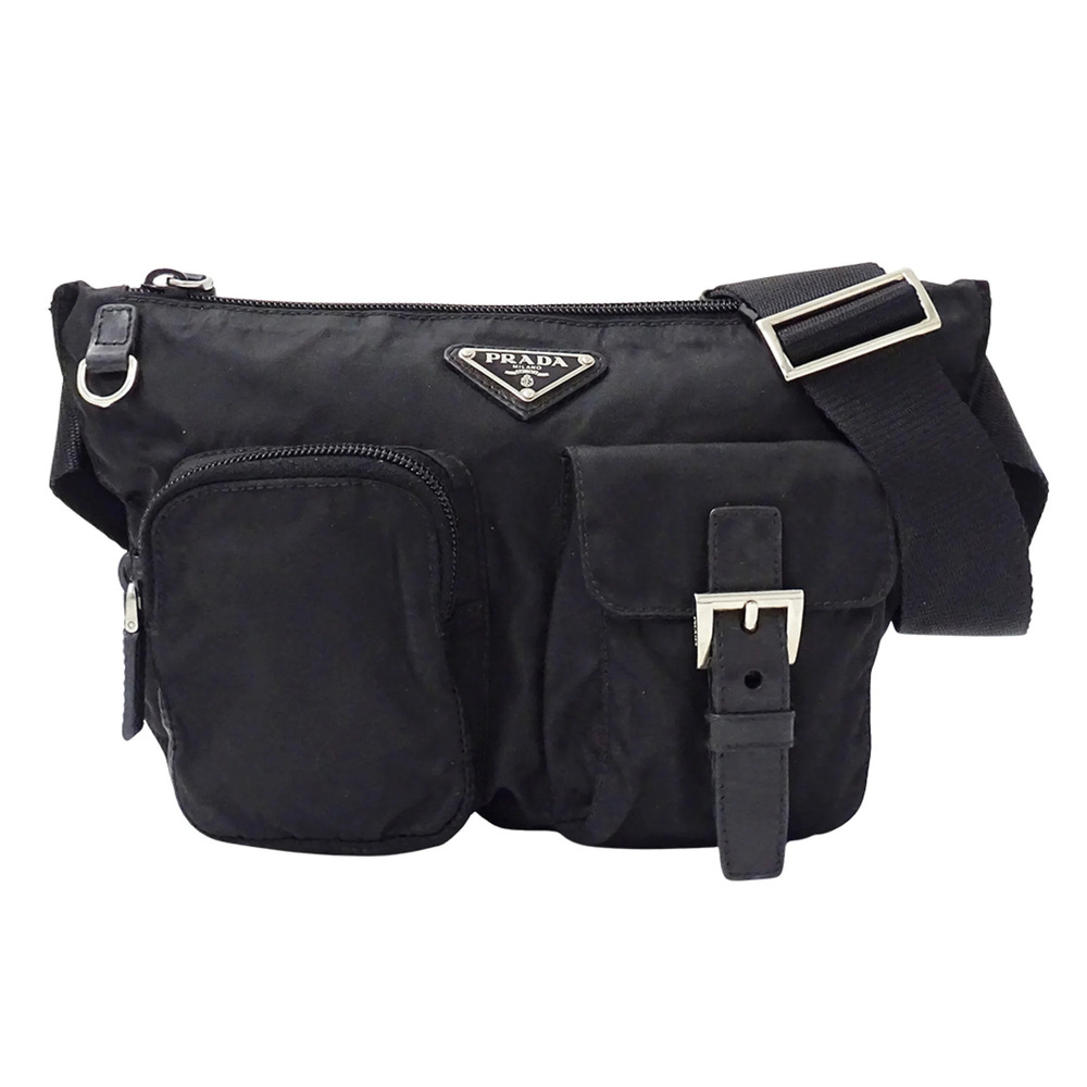 Prada handbag for women and men, brand name, body bag, waist nylon, black, BM...